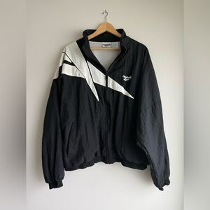 Vintage Reebok Windbreaker Jacket Black White Logo Zip XL